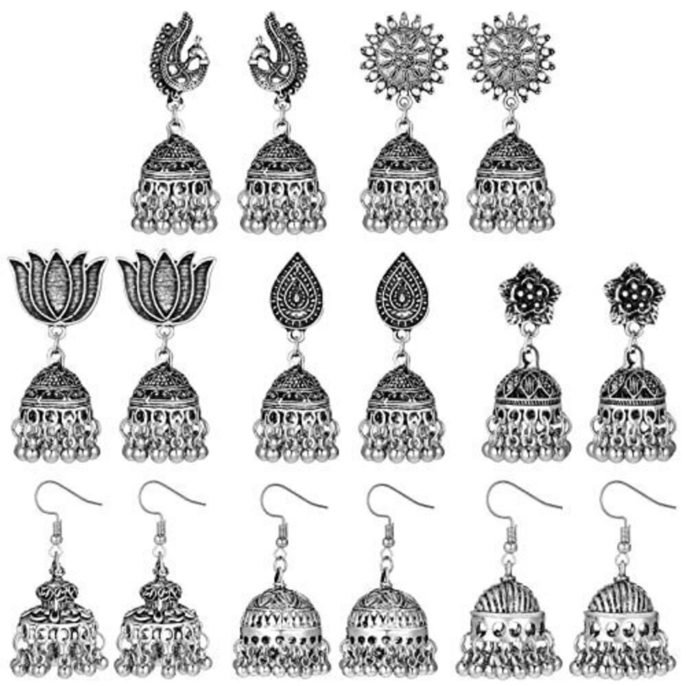 6130 8 Pairs Jhumka Indian Earrings Metal Bohemian Chandelier Dangle